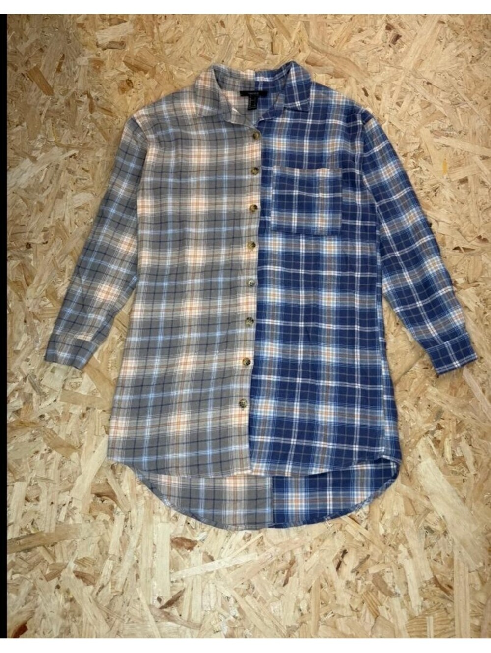Forever 21 Colorblock Plaid Flannel Shirt Womens Small Blue Grey Split Button Up